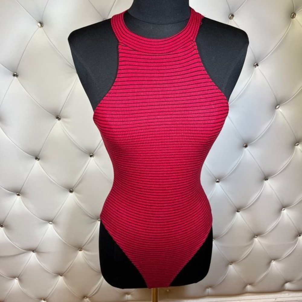 Heart Hips Red Striped Bodysuit.  Size Small